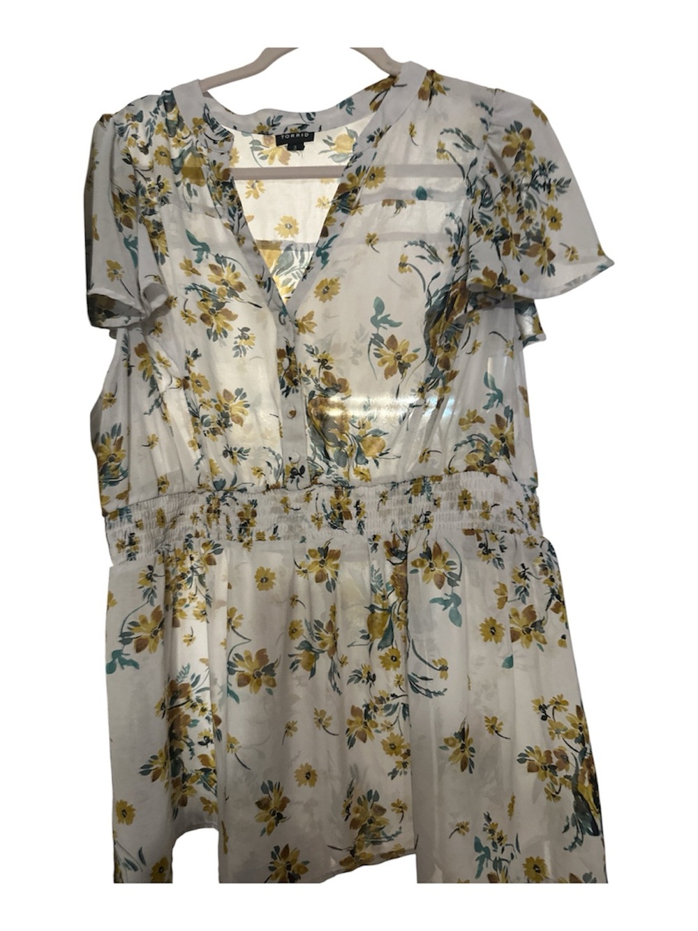 NWOT torrid White Floral Peplum Blouse with Yellow and Teal Flowers 3x poly